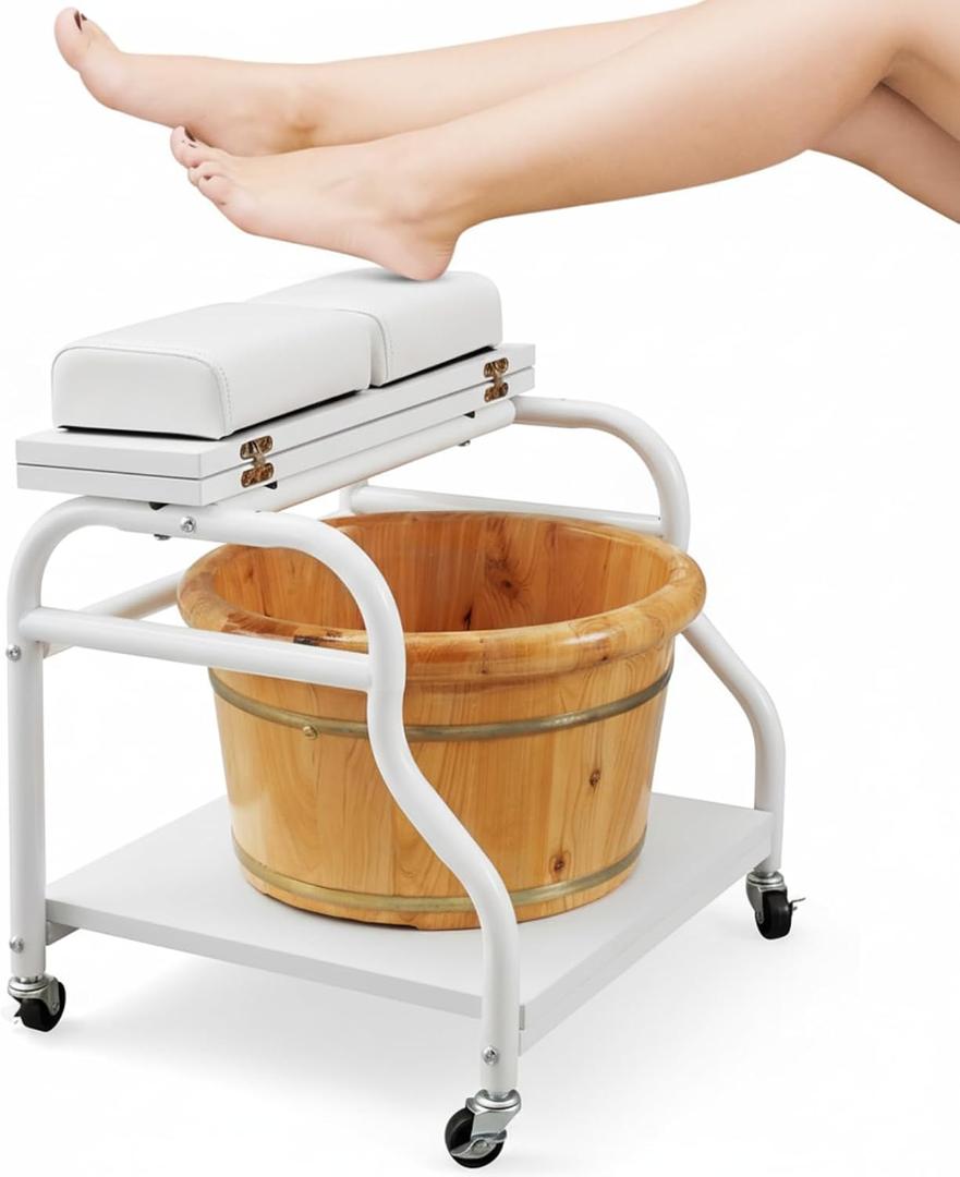 Geelin Pedicure Cart Foot Bath Trolley Portable Pedicure Station Beauty Salon Nail Bath Spa Rolling Cart Stand Supplies with Locking Wheels, Adjustable Manicure Foot Massage Stool, PU Cushion(White)