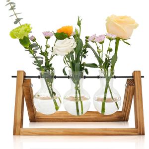 Plant Propagation Station with Wooden Stand,Mothers Day Plant Gifts for Mom,Plant Lovers,Birthday Gifts for Women,Plant Terrarium for Home Office Mothers Day Decorations-3 Bulb Vases
