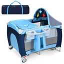 Foldable Baby Crib Playpen Travel Infant Flat Bassinet Bed Mosquito Net Music with Bag Blue