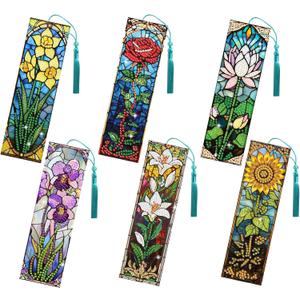 FREEBLOSS 6PCS Stained Glass Flowers Diamond Painting Bookmarks Kits DIY Rhinestones Diamond Art Bookmark Kit with 6 Crystal Pendant for Beginner Crafts, Stained Glass Flower Design, 2.3"x7.7"