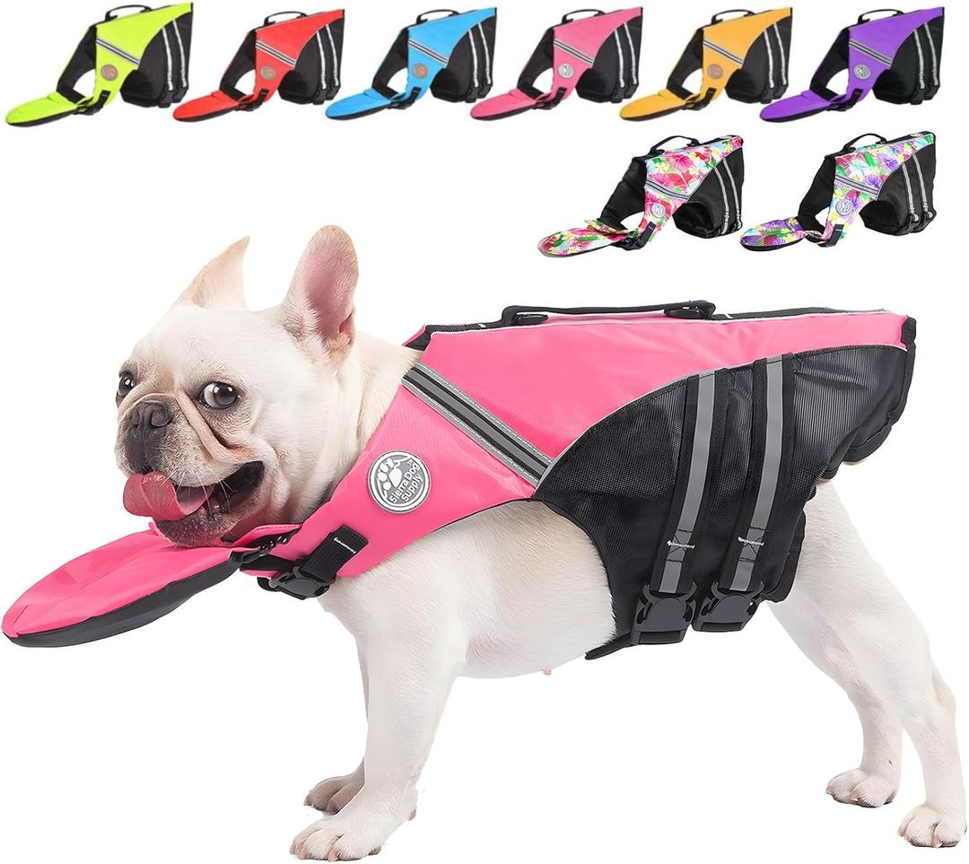 Dog Life Jacket, French Bulldog Life Vest for Swimming Boating, Dog Swim Vest with Chin Float and Rescue Handle, High Flotation Puppy Life Jackets (Chest Girth: 17" to 30", Weight: 17" to 28" LB) (Cute Pink)