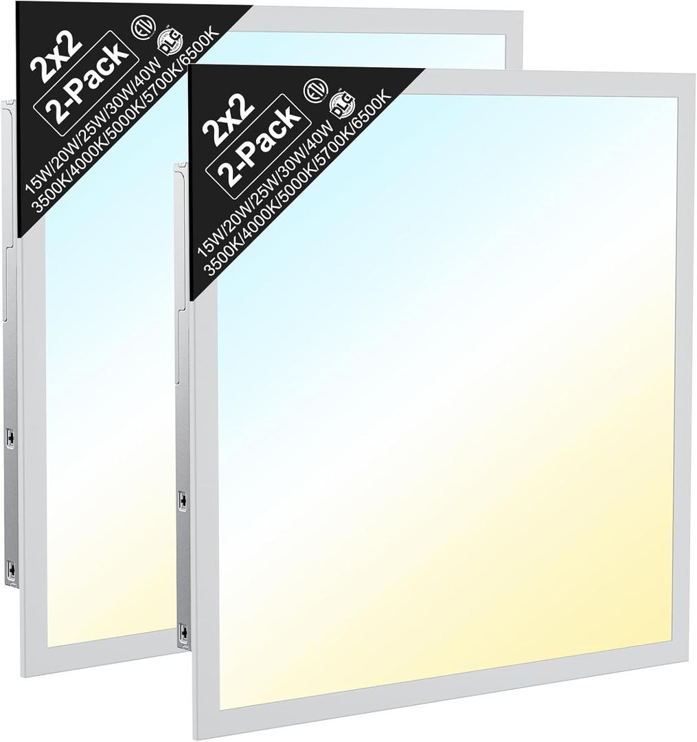 2x2 LED Flat Panel Light,Drop Ceiling Troffer Fixtures, 15W-40W 5 Wattage Selectable, 5CCT 3500K-6500K, 0-10V Dimmable Back-Lit, Anti-Glare, Safety Hooks, AC120-277V, ETL Listed 2 Pack