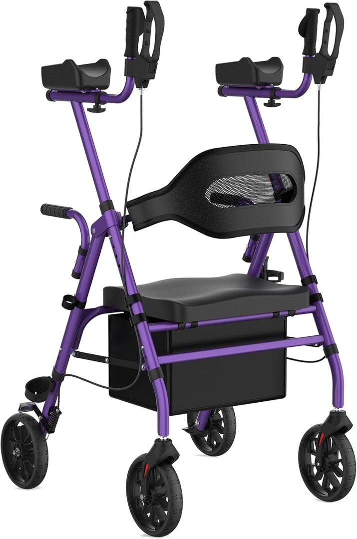 Upright Rollator Walker, Heavy Duty Stand Up Walkers for Seniors with Seat and Reversible Backrest, Foldable Standing Rollator with 8" Anti-Slip PU Wheels, Purple