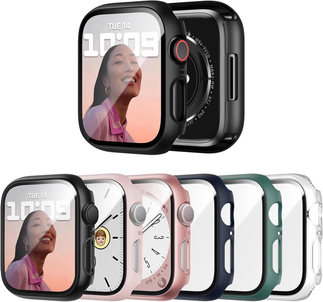JERXUN 6 Pack Case with Tempered Glass Screen Protector for Apple Watch Series 9/8/7 41mm, Ultra-Thin Scratch Resistant Full Protective Hard PC Bumper Cover for iWatch 41mm Accessories (Black/Clear/Rose Gold/Pink/Blue/Green)