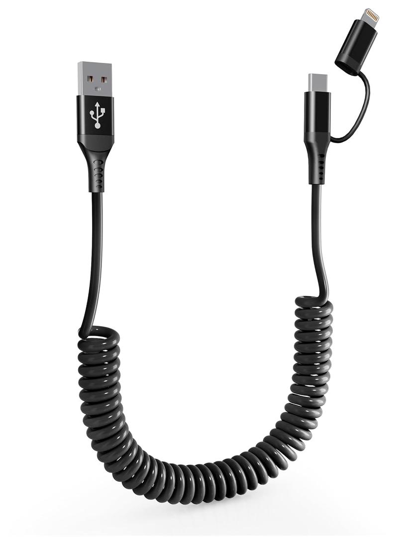 Coiled Phone Car Charger Cable - USB-C and Lightning 2-in-1 Charging Cable, 40cm to 4ft Extendable Cord for CarPlay & Auto, Tangle-Free Android/Phone Car Accessories (Black)