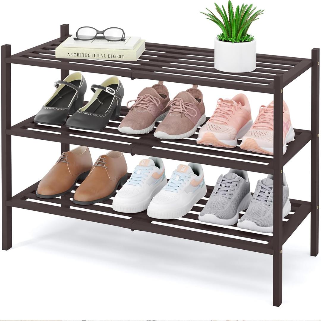 Smiry Bamboo Shoe Rack, 3 Tier Free Standing Wooden Shoe Organizer, Stackable Wood Shoe Storage Shelf for Closet, Entryway, 5 Horizontal Slats, 26.8"x11"x18.3", Brown