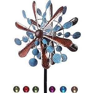 NUENUN Wind Spinner Outdoor Metal - Multi-Color Seasonal LED Lighting Solar Powered Glass Ball with Kinetic Wind Spinner Dual Direction for Patio Lawn & Garden
