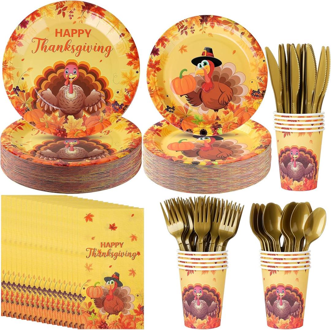Thanksgiving Plates and Napkins Set, Disposable Fall Party Supplies,Autumn Pumpkin Maple Leaves Turkey Dinnerware Plates Napkins Cups Forks Knives Spoon for Give Thanks Party Decorations, Serve 50