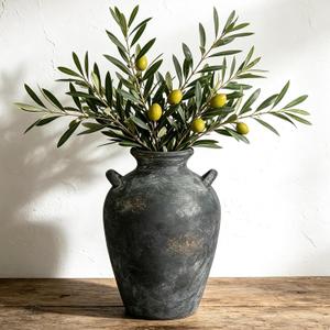 Ceramic Flower Vase with Handles, 9.2 Inch Rustic Vase Farmhouse Decorative Pottery Vase for Home Decor, Living Room, Bathroom, Kitchen, Shelf, Mantel, Black