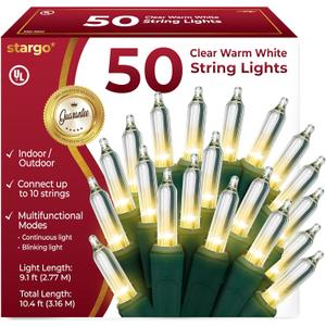 Stargo - Clear Warm White Christmas Tree Lights - 9 ft String of 50 Incandescent Mini Bulbs Multifunctional Lighting Modes, Decorative, Bedroom, Outdoor, Xmas Twinkle Lights - Green Wire Total 10.4 ft