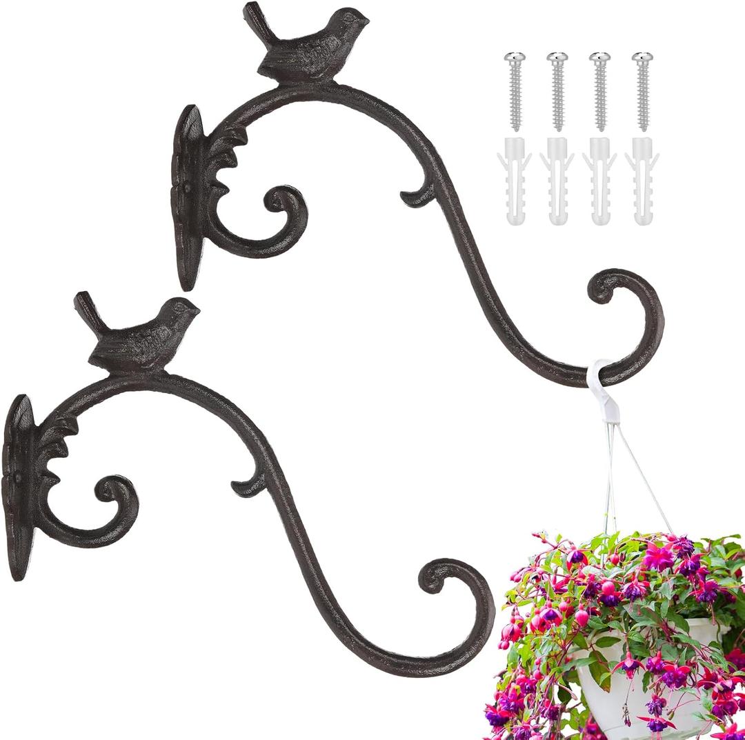 Moxweyeni 2 Pcs Cast Iron Plant Hangers Outdoor 10" Heavy Duty Hanging Basket Brackets Lovely Bird Shape Decorative Wall Hangers for Flower Pots Bird Feeder Wind Chime Lantern(Rust)