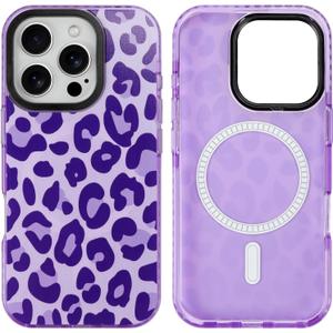 SAKUULO Magnetic for iPhone 16 Pro Max Case Dark Purple Leopard Print Pattern [Compatible with MagSafe] [with Screen Protector] Wireless Charge Strengthen Protection Cover, Dark Purple Leopard (6.9")