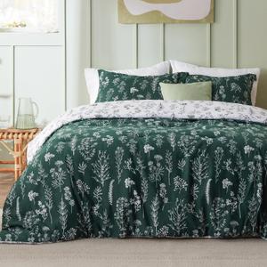 Bedsure Queen Comforter Set - Emerald Bed Set, 3 Pieces Cute Floral Bedding, 1 Soft Reversible Botanical Flowers Comforter and 2 Pillow Shams (03 - Emerald)
