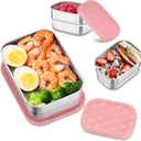 HaWare 8oz*2+25oz Stainless Steel Lunch Box for Kids, Leak Proof Lunch Container with Silicone Lids, Easy Open Food Storage Bento Box for School and Daycare, Dishwasher Safe (Pink)