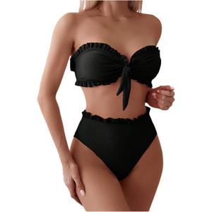 SOLY HUX Women's Ruffle Strapless Bikini Set 2 Piece Bandeau Swimsuit High Waist Bathing Suits Plain Black, Small