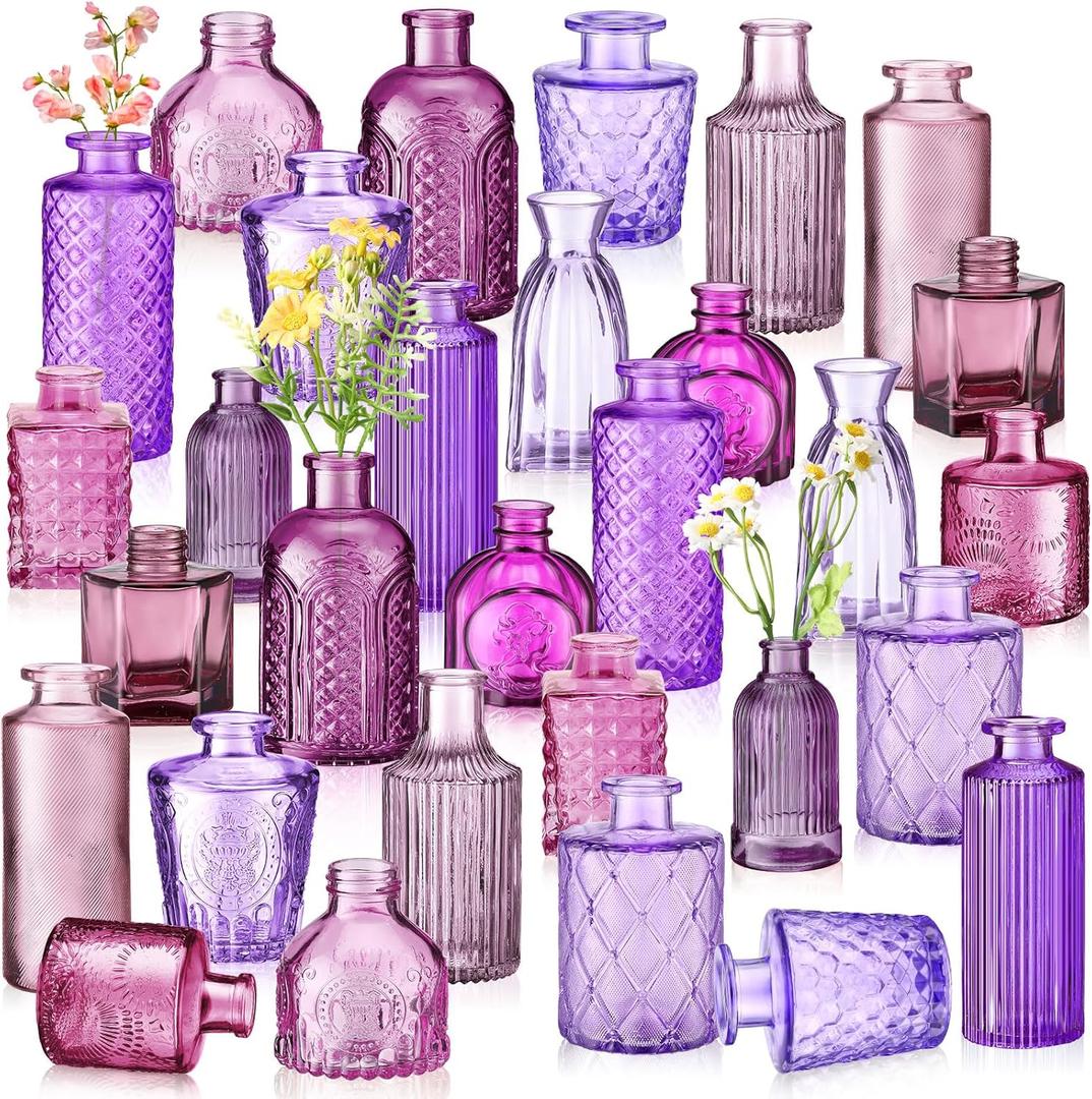 Yaomiao 30 Pcs Vases Bulk Colored Flower Glass Bud Vases Valentine Vintage Colored Glass Bottles Colorful Rustic Embossed for Home Wedding Table Decorations Gifts(Purple Series)