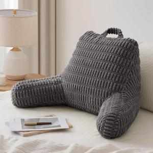 Blissful Diary Reading Pillow, Backrest Pillow with Shredded Memory Foam for Adult & Children, Designed for Bed and Couch Sitting Up, Includes Arms, Pockets and Washable Cover, Dark Gray