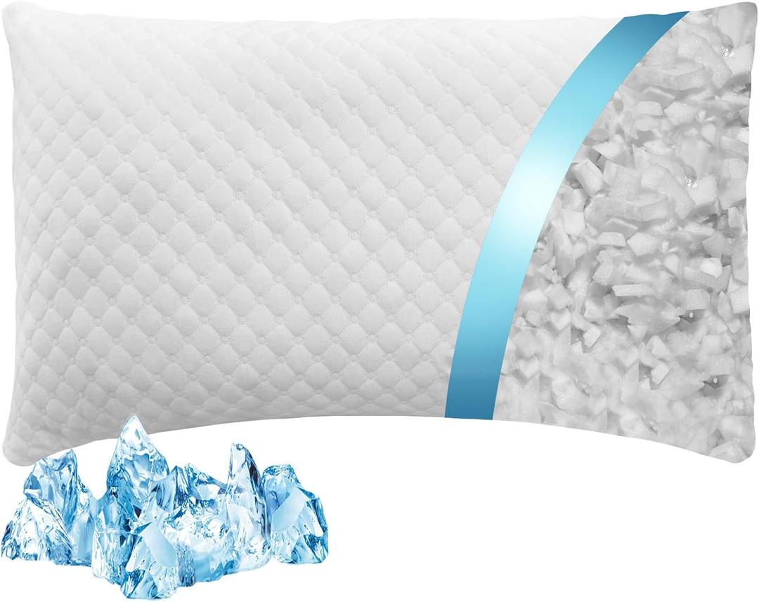 Shredded Memory Foam Pillow, Standard Size Cooling Adjustable Firm Bed Pillow for Sleeping, Washable Removable Cover, Ideal for Side, Back & Stomach Sleepers (Standard)