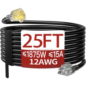 25 FT 12 Gauge Extension Cord Outdoor, Heavy Duty Weatherproof & Flame Retardant Black 3 Prong Power Cord with Light, Outside for Lawn & Garden, 15 Amps 1875 Watts 125 VAC 12AWG SJTW, ETL Listed