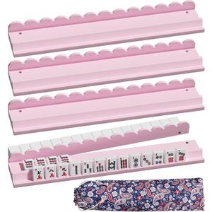 Wooden Mahjong Racks with Pushers, Pink American Mahjong Tile Pushers and Racks with Drawstring Bag ，Fits 1.2 Inch Mahjong Tiles Modern Table Mahjong Accessories (Pink)