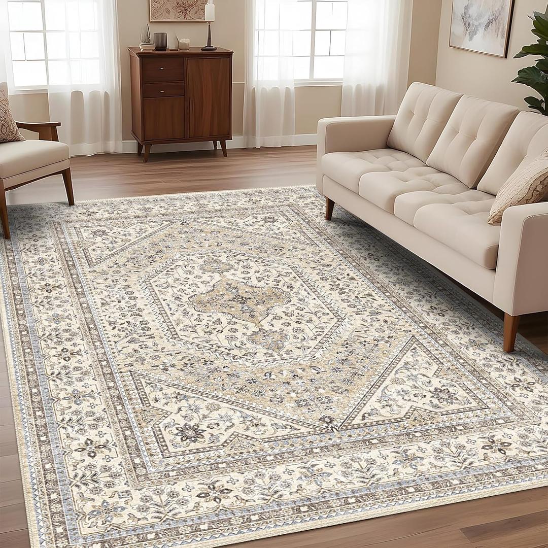 9'x12' Washable Vintage Rug: Oriental Rugs for Living Room Non Slip Backing Stain Resistant Large Indoor Carpet for Bedroom Area Rug Dining Room Decor(Beige,9x12FT)