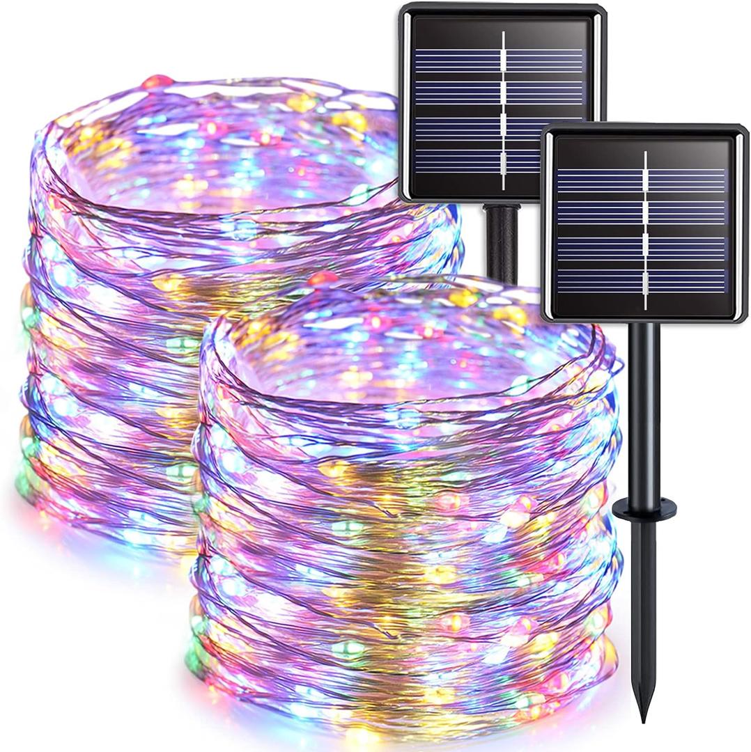 JMEXSUSS 2 Pack Solar Christmas Lights Outdoor Waterproof, Each 33FT 100 LED Multi Colored Solar Fairy Lights, 8 Modes String Light for Outside Yard Patio Tree Garden Christmas Decorations