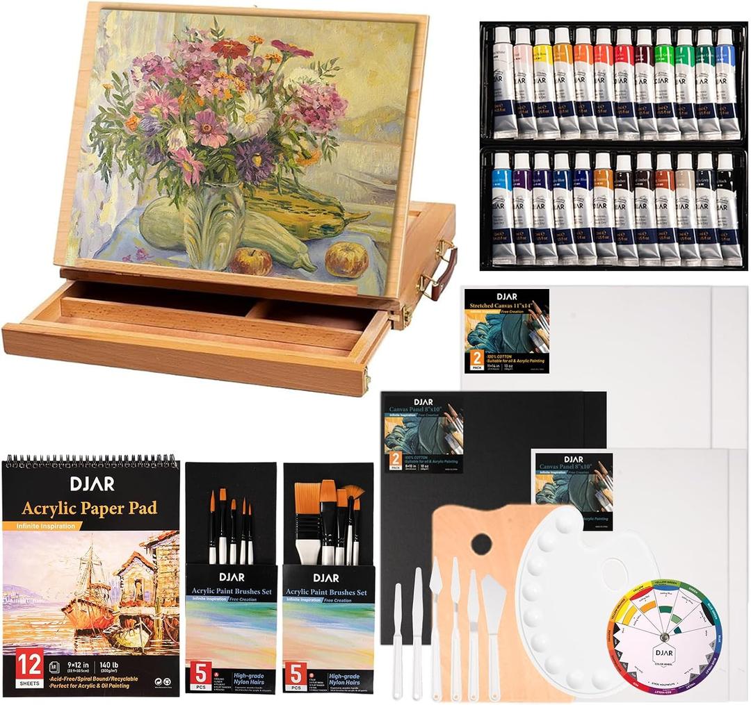 DJAR 49 pcs Acrylic Paint Set with Tabletop Easel Box, 24 Acrylic Paint Colors, Sketchbook, Painting Pads, and Complete Acrylic Art Supplies Kit for Adults, Teens, and Beginners