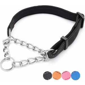 Martingale Dog Collars Adjustable Soft Nylon Reflective Collars with Stainless Steel Chain Walking Training Collars Heavy-Duty Puppy Chain Collars for Small,Medium,Large Dogs(Black,M) (M-(dog's neck15-19inches))