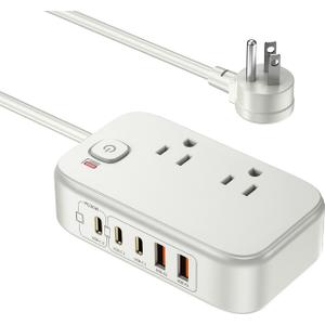 Power Strip with USB C Ports, 30W USB C Charging Station with 2 Outlets 3 USB C & 2 USB A, Travel Charger for Multiple Devices, 5FT Flat Extension Cord USB Charger Hub for Travel Home (Pearl White)
