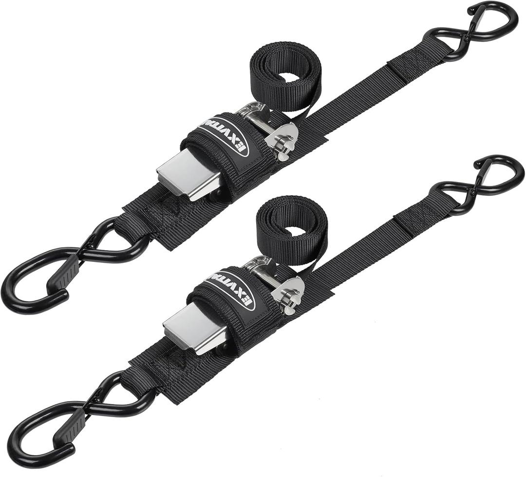 EXVITAL Boat tie Down Straps to Trailer 1"4' transom Straps with Stainless Steel Ratchet Heavy Duty Adjustable Ratchet Straps for Boat Trailer 2400lbs Break Strength,Black 2 Pack