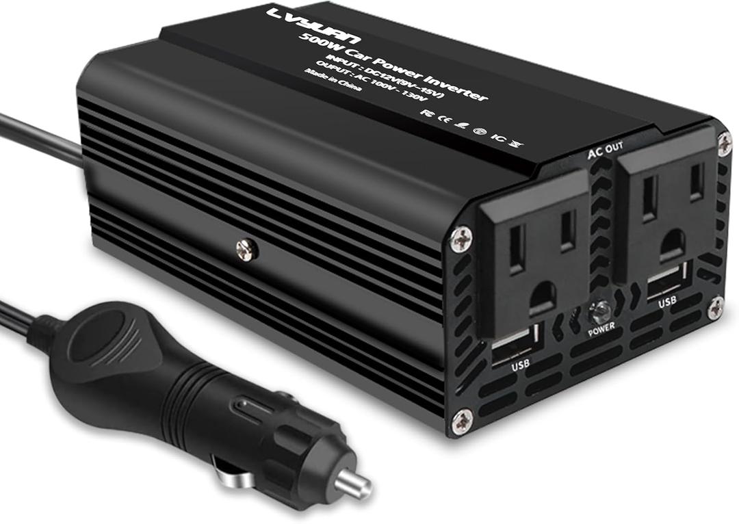 500W Car Power Inverter, LVYUAN Car Outlet Adapter Dual USB Power Inverter for Vehicles DC 12V to 110V AC Car Converter with Distant Ports for Laptop, Road Trip (Black)
