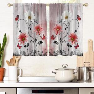 AAtter Red Floral Flower Window Curtains for Kitchen Rustic Abstract Leaf White Vintage Daisy Small Short Home Living Room Bedroom Bathroom Drapes Treatment Tiers Fabric 1 Pair, 27.5" W x 39" L, Retro