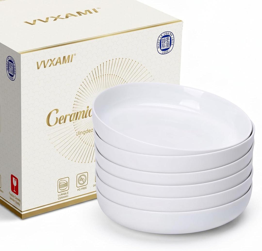 Pasta Bowls Set of 6, 8.8" 37oz Salad Serving Bowls | White Ceramic Soup Bowls Wide and Shallow Plate Bowls Set,Microwave and Dishwasher Safe,Gift Packaging