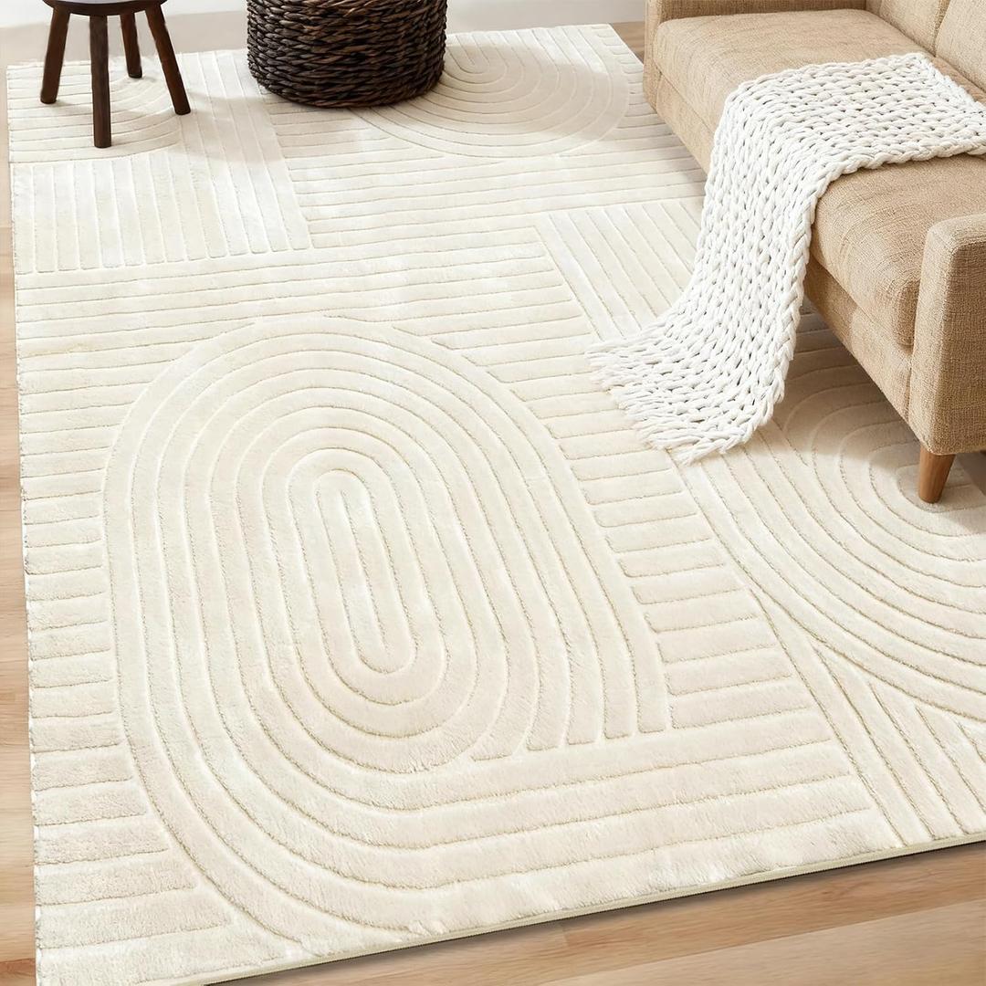 5x7 Solid Color Area Rugs  Washable Living Room Rug, Durable Non-Slip Indoor Carpet with Soft High-Low Pile, Fluffy Floor Rugs for Bedroom, Bedside, Kids Room, Dorm, Nursery, Home Dcor, Beige