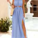 BTFBM Women Halter Summer Dresses 2026 Sleeveless Cutout Backless Sundress Slit Boho Maxi Beach Wedding Guest Dress(Blue, X-Lage)