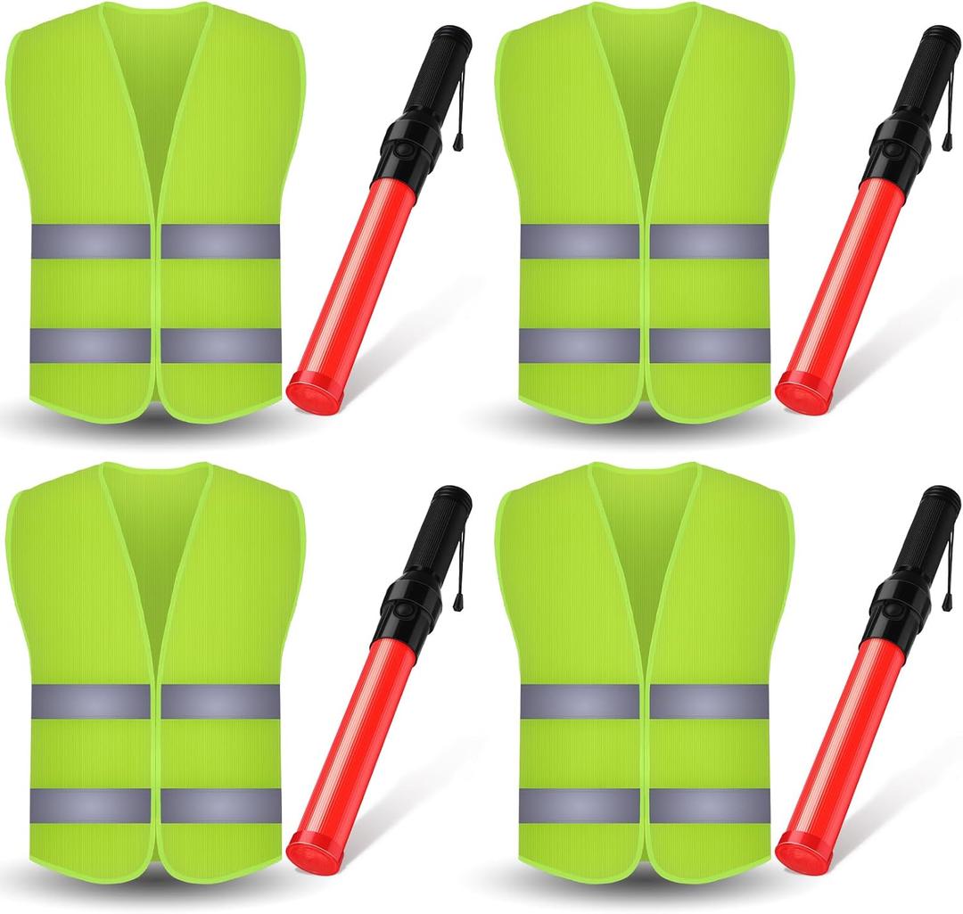 Kanayu 8 Pcs 16 Inch Signal Traffic Wand High Visibility Safety Vest Set Include 4 Reflective Safety Vest 4 Traffic Control Light Security Wands for Airport Parking(Neon Green)