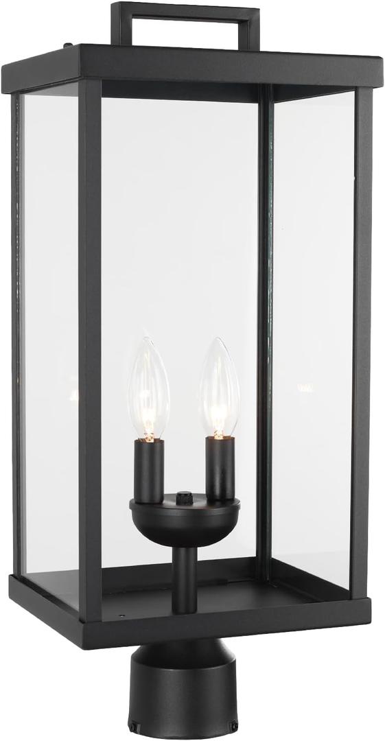 Outdoor Post Light Fixture, 21 Inch 2-Light Large Modern Exterior Post Lantern with Clear Glass, Black Outside Lamp Post, Outdoor Pole Lights for Yard Garden Patio Pathway, 20.7inch