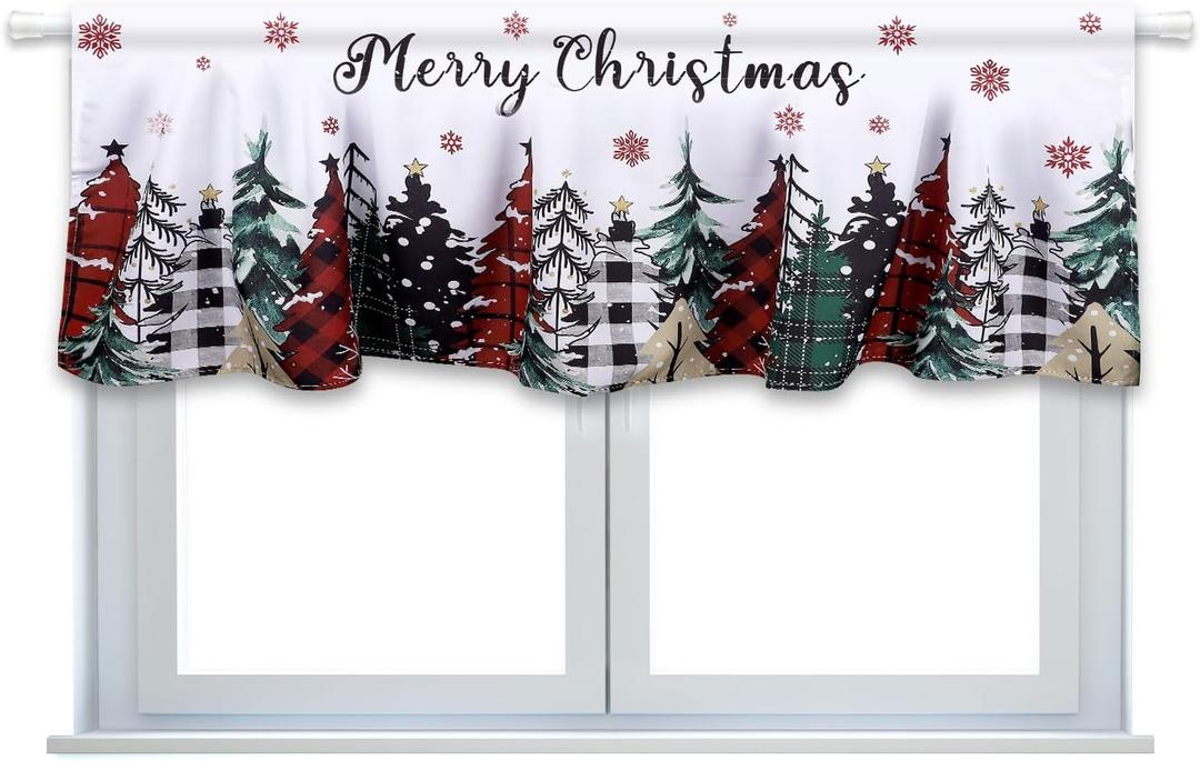 Christmas Window Valance, 54x18 Inch Christmas Tree Snowflake Curtains Valance with Rod Pocket Winter Colorful Doorway Decoration for Kitchen Bathroom Living Room Bedroom