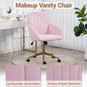 Home Office Chair, Velvet Modern Makeup Vanity Chair with Gold Base and Wheels, Height Adjustable Swivel Desk Chair for Living Room Bedroom Study Room, Pink