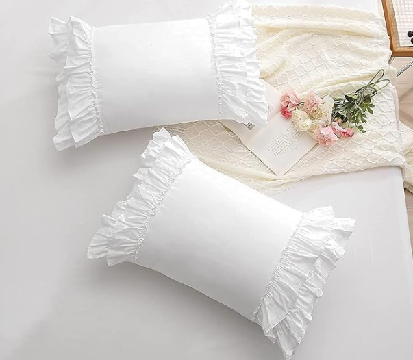 White Ruffled Pillow Shams Standard Twin Size Pillowcases Pure Cotton Pillow Covers 20"x26" 2-Pack 