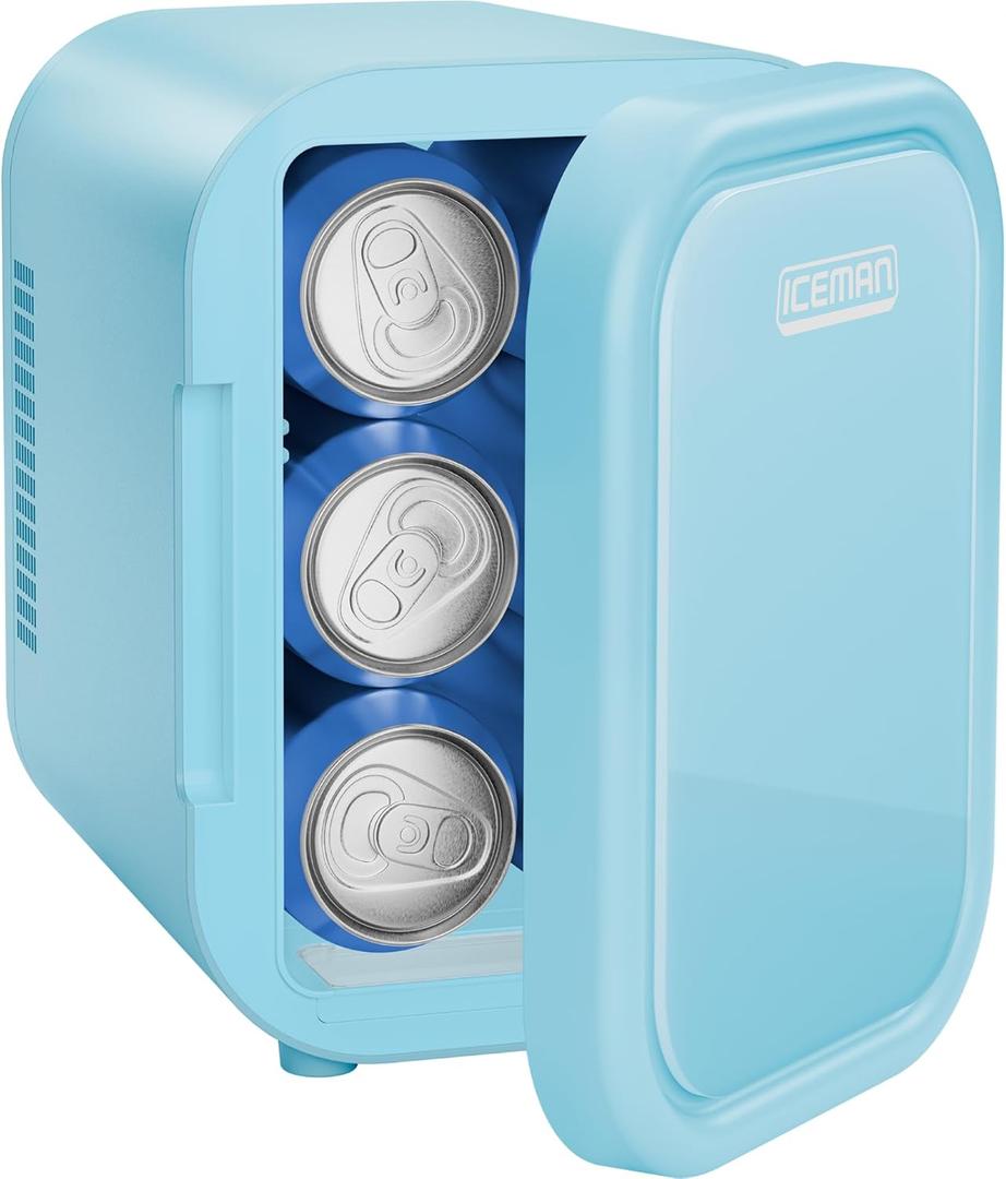 Iceman Portable Mini Fridge  Fits 6 x 12 oz Cans, Cooler and Heater Mini Fridge for Bedroom, Car, Office, Dorm and Skincare, AC/DC Car Plug-Compatible - Blue