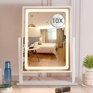 Vanity Mirror with Lights, Hollywood Makeup Mirror, Touch Control, 3 Color Lighting Modes, Dimmable, Detachable 10X Magnification Mirror, 360 Rotation (16in, White) (16"L x 12.8"W)