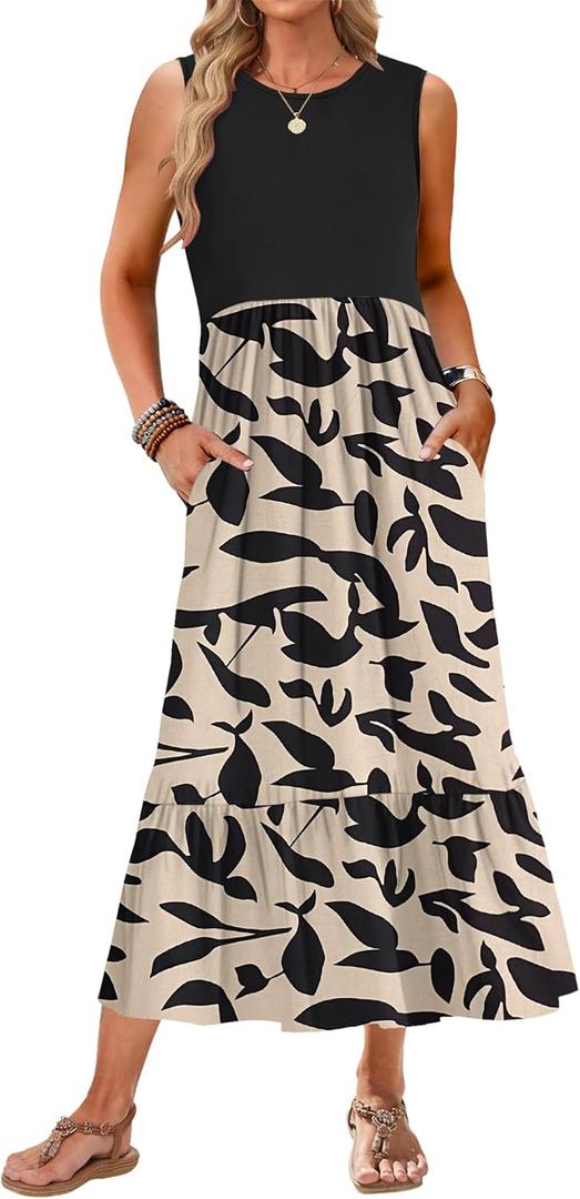 AUSELILY Womens Summer Dresses 2025 Sleeveless Maxi Dress Crewneck Casual Flowy Tiered Sundresses with Pockets (XX-Large, Apricot Black Leaf)