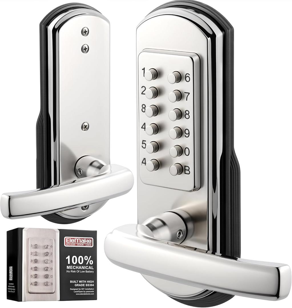 Elemake Keypad Door Lock, Keyless Entry Door Lock Mechanical Lock with Keypad, Combination Code Locks with Handle, Right Handed Door Lever, Stainless Steel 304 - NOT a Deadbolt (MKS01R)