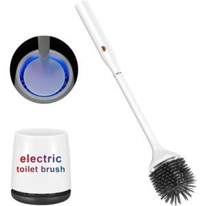Electric Toilet Brush and Holder Set, Toilet Bowl Brush, Wireless Electric Spin Scrubber, with Silicone Brush Head Self-Cleaning Light and Ventilated Slot Base, USB Charging Cable, Wall Mount Sticker