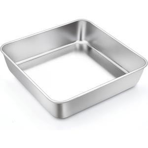 TeamFar Square Cake Pan, 9 Inch Stainless Steel Square Baking Roasting Pan for Cake Brownie Lasagna, Non-Toxic & Heavy Duty, One Piece Design & Smooth, Dishwasher Safe & Easy Clean (Silver)