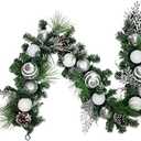 6' Green Pine Needle Garland with Pinecones and Striped Christmas Ornaments, Unlit