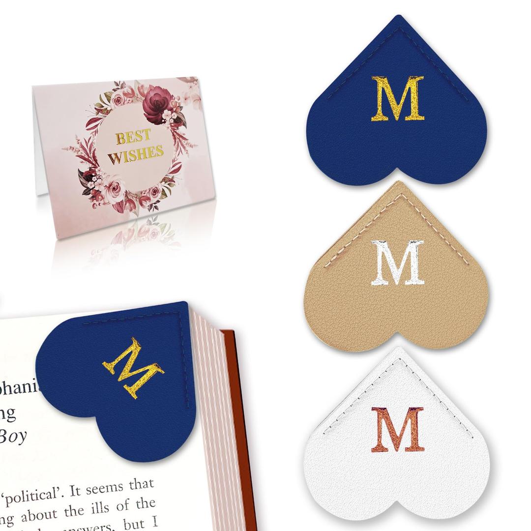 Personalized Leather Heart Bookmark with Initial, Cute Letters Custom Corner Book Mark for Reading Women, Student, Book Lovers, Teacher Appreciation Gifts (Hot Stamping -3pcs, V)
