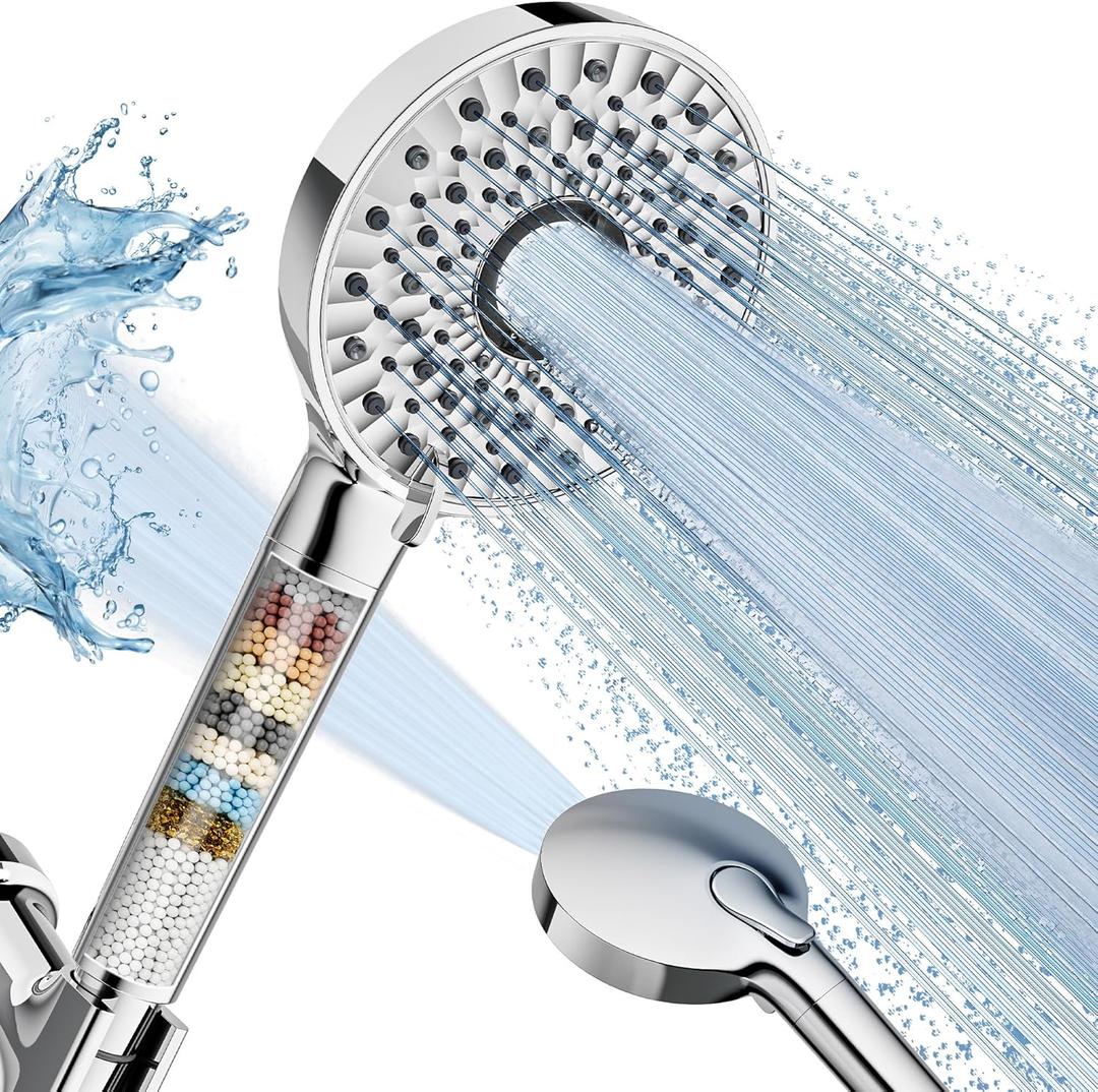 Magichome Filtered Shower Head with Handheld, High Pressure 10-Spd Detachable Chrome Showerhead with Stainless Hose, Water Softener Filter Beads for Hard Water - Remove Chlorine, Reduce Dry Itchy Skin (Silver)
