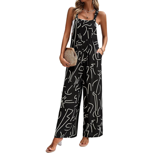 watersouprty Womens Loose Sleeveless Printed Bib Overalls Pockets Wide Leg Palazzo Pants Tank Jumpsuit Rompers L